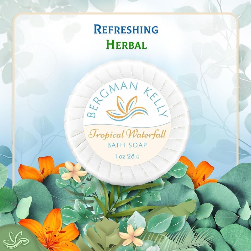 BERGMAN KELLY - Hotel Soap Bars in Bulk - Tropical Waterfall, 1 oz, 100 PK - Small Individually Wrapped Round Soap - Travel Size Mini Toiletries for Airbnb, Motel, Guest Bathroom - Image 4